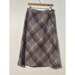 Panther Plaid Wool Blend Midi Skirt Brown Burgundy Lined Junior Size 15